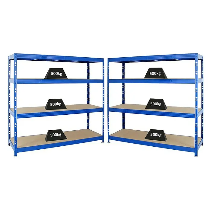 Proregal Schwerlastregal Mega Deal Profi RHINO - Traglast pro Boden: 500 kg, Anzahl Böden: 4 Stk., Stecken, Blau - Zwei blaue Schwerlastregale, jedes mit drei Regalböden, die mit 500kg Gewichten belastet sind. Perfekt für Lager und Werkstatt.
