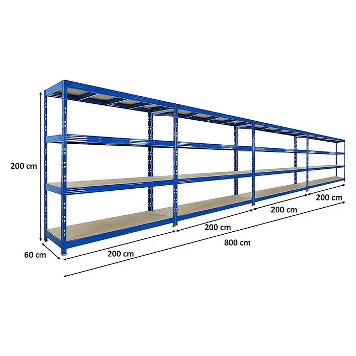 Proregal Schwerlastregal Mega Deal Profi RHINO - H x B x T: 200 x 200 x 60 cm, Traglast pro Boden: 500 kg, Anzahl Böden: 4 Stk., Stecken, Schwarz - Regal mit vier Ebenen, blau, ideal für Lagerung. Abmessungen: 200 cm Höhe, 60 cm Tiefe, 800 cm Länge.\n