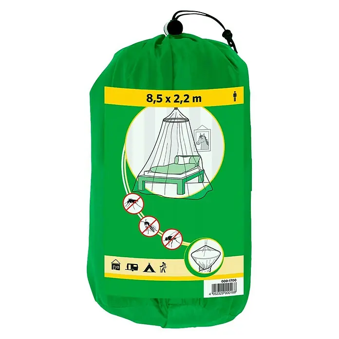 Easy Life Reisemoskitonetz Single - 8,5 x 2,2 m - Moskitonetz-Verpackung: Grüner Beutel mit Produktdetails und Anwendungsbildern. Ideal für Schutz vor Insekten.