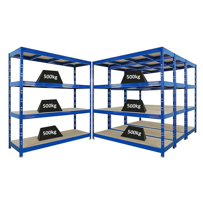 Proregal Schwerlastregal Mega Deal Profi RHINO - H x B x T: 200 x 200 x 60 cm, Traglast pro Boden: 500 kg, Anzahl Böden: 4 Stk., Stecken, Schwarz - Abbildung von blauen Metallregalen mit Holzregalböden, die mit schwarzen Gewichten von 500 kg belastet sind.