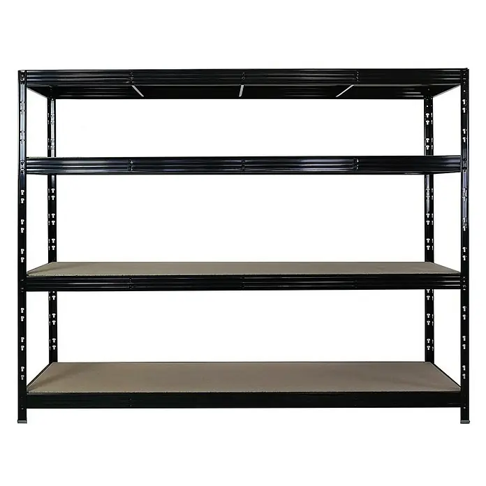 Proregal Schwerlastregal Mega Deal Profi RHINO - Traglast pro Boden: 450 kg, Anzahl Böden: 4 Stk., Stecken, Schwarz - Ein schwarzes Metallregal mit vier Ebenen, zwei davon mit grauen Einlegeböden versehen, ideal für Lagerung und Organisation.