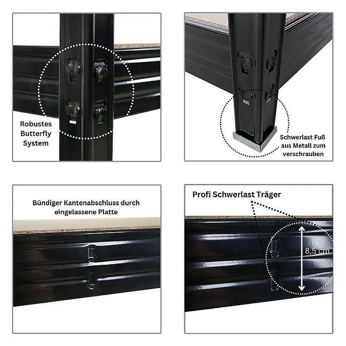 Proregal Schwerlastregal Mega Deal Profi RHINO - Traglast pro Boden: 450 kg, Anzahl Böden: 4 Stk., Stecken, Schwarz - Detailansichten eines Schwerlastregals, die das robuste Butterfly-System, den Metallfuß und die eingelassene Platte hervorheben.