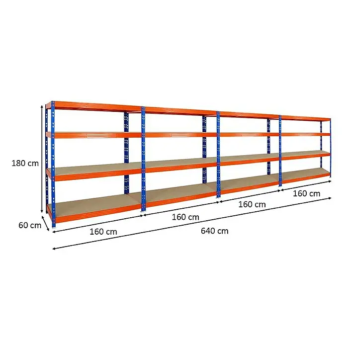 Proregal Schwerlastregal Mega Deal Profi RHINO - Traglast pro Boden: 500 kg, Anzahl Böden: 4 Stk., Stecken, Blau-Orange - Abbildung eines orangefarbenen Regals mit blauem Gestell, das die Abmessungen des Produkts aufzeigt.