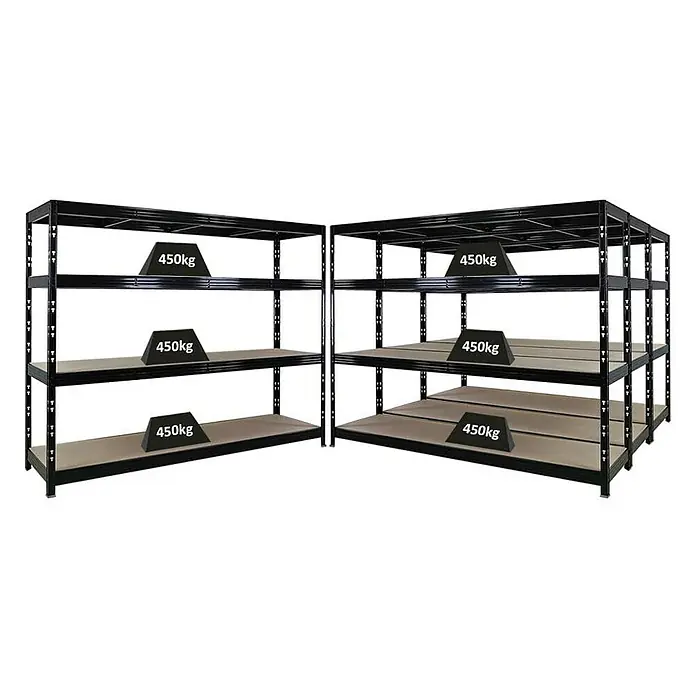 Proregal Schwerlastregal Mega Deal Profi RHINO - Traglast pro Boden: 450 kg, Anzahl Böden: 4 Stk., Stecken, Schwarz - Bild von zwei schwarzen Metallregalen, die jeweils mit Gewichten von 450 kg beladen sind. Ideal für Lager und Werkstatt.