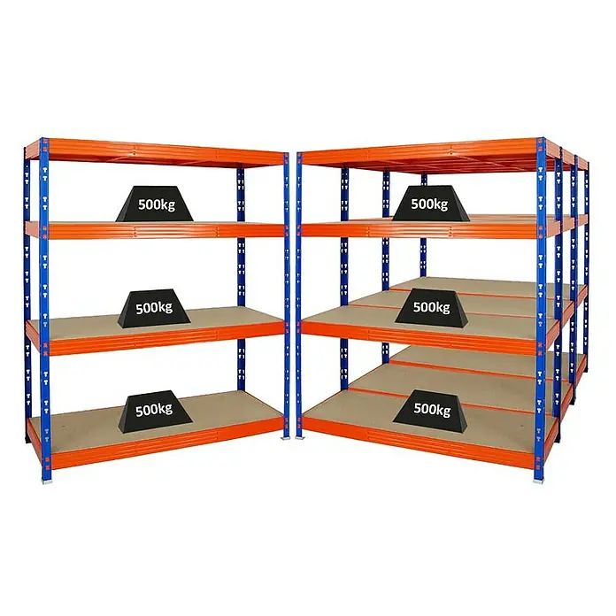 Proregal Schwerlastregal Mega Deal Profi RHINO - Traglast pro Boden: 500 kg, Anzahl Böden: 4 Stk., Stecken, Blau-Orange - Zwei Schwerlastregale mit jeweils drei Böden und einer Belastung von 500 kg pro Boden.