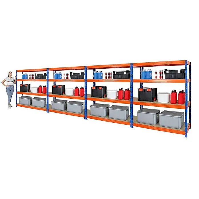 Proregal Schwerlastregal Mega Deal Profi RHINO - Traglast pro Boden: 500 kg, Anzahl Böden: 4 Stk., Stecken, Blau-Orange - Abbildung eines robusten Lagerregals mit mehreren Ebenen zur Aufbewahrung von Kisten und Behältern.