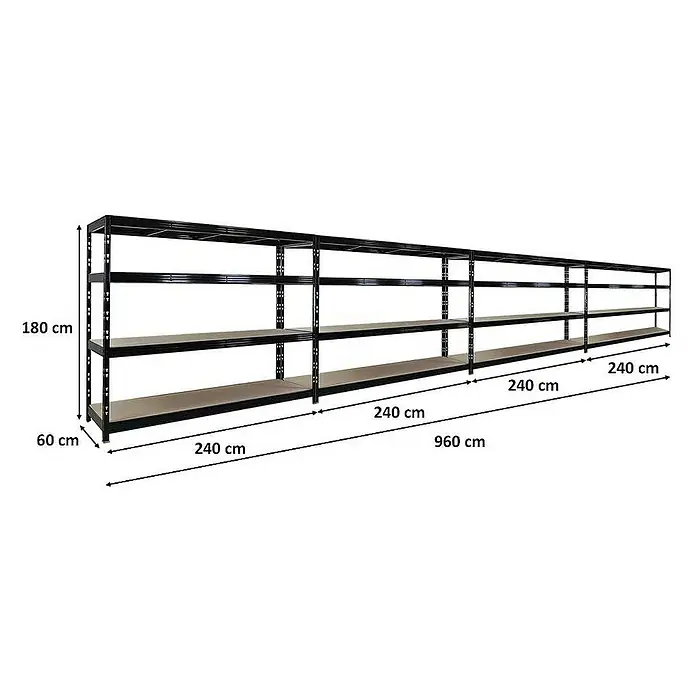 Proregal Schwerlastregal Mega Deal Profi RHINO - Traglast pro Boden: 450 kg, Anzahl Böden: 4 Stk., Stecken, Schwarz - Das Bild zeigt ein langes, schwarzes Metallregal mit drei Regalböden und den Maßen 180 cm Höhe, 60 cm Tiefe und 960 cm Länge.