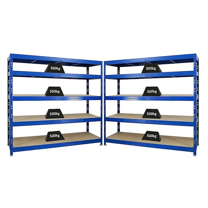 Proregal Schwerlastregal Mega Deal Profi RHINO - H x B x T: 180 x 200 x 60 cm, Traglast pro Boden: 500 kg, Anzahl Böden: 5 Stk., Stecken, Blau - Regal mit mehreren Ebenen, jede mit einem Gewicht von 500 kg belastet. Das Regal ist stabil und ideal für schwere Lasten im Lager.