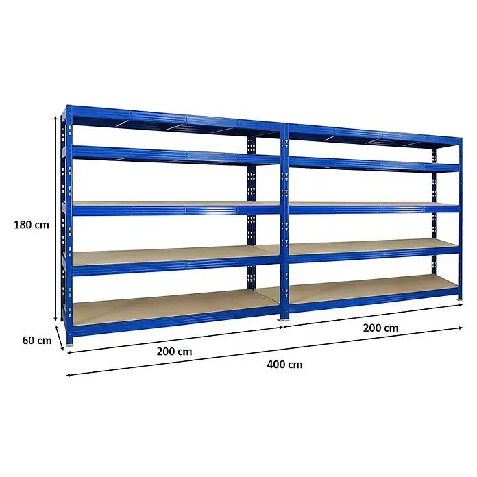 Proregal Schwerlastregal Mega Deal Profi RHINO - H x B x T: 180 x 200 x 60 cm, Traglast pro Boden: 500 kg, Anzahl Böden: 5 Stk., Stecken, Blau - Regal mit 5 Regalböden aus robustem Metall in Blau, ideal für Lagerung und Organisation.