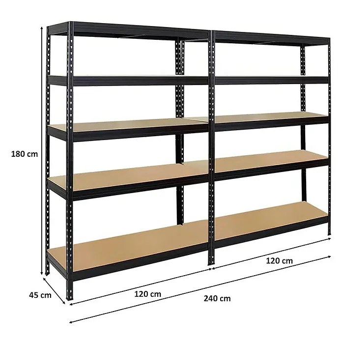 Proregal Schwerlastregal Mega Deal Rivet - Traglast pro Boden: 250 kg, Anzahl Böden: 5 Stk., Stecken, Schwarz - Abbildung eines schwarzen Metallregals mit Holzregalböden und Maßangaben für Höhe, Breite und Tiefe.
