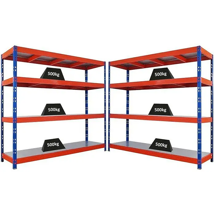 Proregal Schwerlastregal Mega Deal Profi RHINO - Traglast pro Boden: 500 kg, Anzahl Böden: 4 Stk., Stecken, Blau-Orange - Zwei blaue und rote Lagerregale mit Gewichten von je 500 kg auf jeder Ebene zur Darstellung der Lagerkapazität.