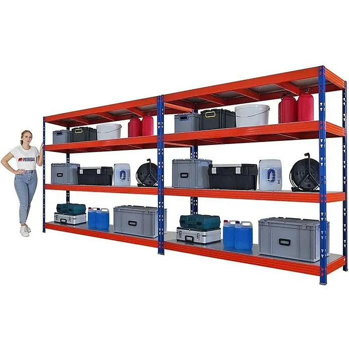 Proregal Schwerlastregal Mega Deal Profi RHINO - Traglast pro Boden: 500 kg, Anzahl Böden: 4 Stk., Stecken, Blau-Orange - Bild eines großen, stabilen Lagerregals mit vier Ebenen, beladen mit verschiedenen Behältern und Kanistern, ideal für die Lagerung.