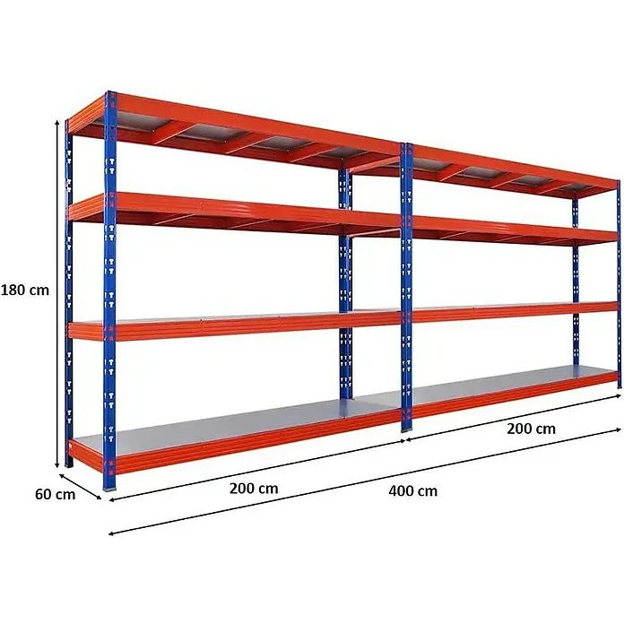 Proregal Schwerlastregal Mega Deal Profi RHINO - Traglast pro Boden: 500 kg, Anzahl Böden: 4 Stk., Stecken, Blau-Orange - Abbildung eines Lagerregals mit drei Ebenen in Orange und Blau mit den Maßen 180 cm Höhe, 60 cm Tiefe und 400 cm Breite.