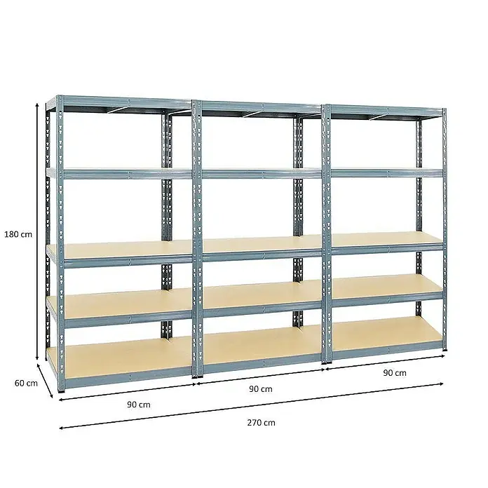 Proregal Schwerlastregal Mega Deal Tiger - H x B x T: 180 x 90 x 60 cm, Traglast pro Boden: 265 kg, Anzahl Böden: 5 Stk., Stecken, Grau - Produktabbildung eines grauen Metallregals mit vier Regalböden und Maßangaben.