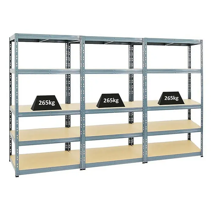 Proregal Schwerlastregal Mega Deal Tiger - H x B x T: 180 x 90 x 60 cm, Traglast pro Boden: 265 kg, Anzahl Böden: 5 Stk., Stecken, Grau - Eine Darstellung eines robusten Schwerlastregals mit vier Ebenen, belastet mit 265kg Gewichten, ideal für Lagerung und Organisation.