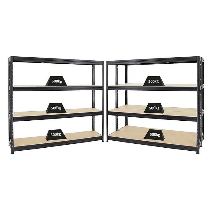 Proregal Schwerlastregal Mega Deal DINO - Traglast pro Boden: 500 kg, Anzahl Böden: 4 Stk., Stecken, Schwarz - Schwerlastregale aus Metall mit Holzablagen, jedes Regal mit 500kg belastbar, ideal für Lager und Werkstatt.