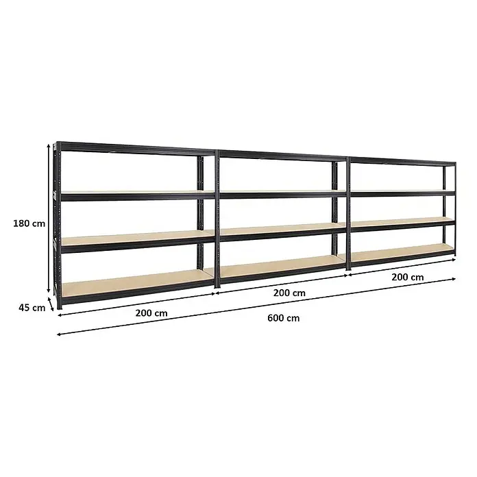 Proregal Schwerlastregal Mega Deal DINO - Traglast pro Boden: 500 kg, Anzahl Böden: 4 Stk., Stecken, Schwarz - Abbildung eines schwarzen Metallregals mit drei Ebenen und den Maßen 180 cm Höhe, 45 cm Tiefe und 600 cm Länge.