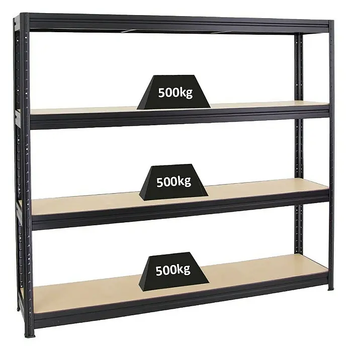 Proregal Schwerlastregal Mega Deal DINO - Traglast pro Boden: 500 kg, Anzahl Böden: 4 Stk., Stecken, Schwarz - Ein schwarzes Metallregal mit drei Regalböden, von denen jeder mit einem Gewicht von 500 kg belastet ist. Dieses Schwerlastregal ist ideal für Lagerung.
