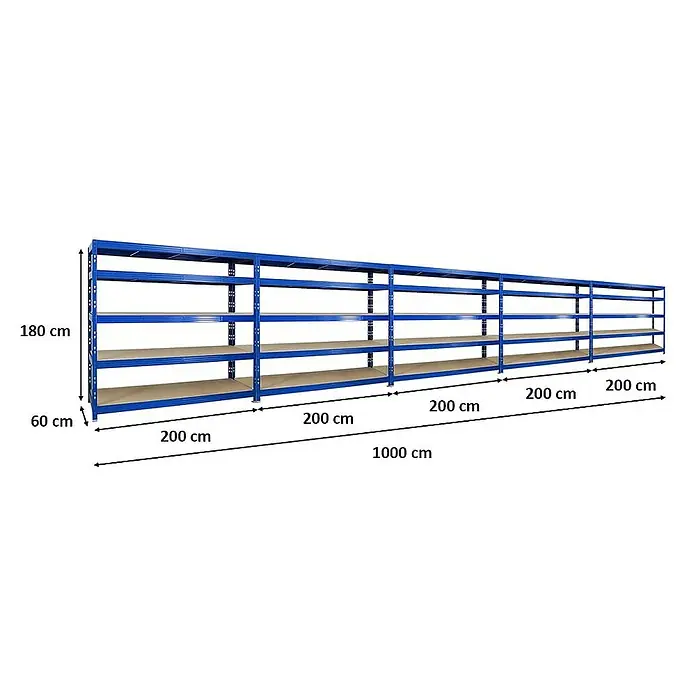 Proregal Schwerlastregal Mega Deal Profi RHINO - Traglast pro Boden: 500 kg, Anzahl Böden: 5 Stk., Stecken, Blau - Abbildung eines langen, blauen Schwerlastregals mit mehreren Regalböden und Maßangaben zur Veranschaulichung der Abmessungen.