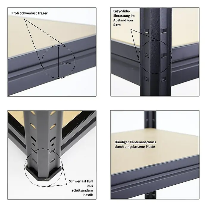 Proregal Schwerlastregal Mega Deal DINO - Traglast pro Boden: 500 kg, Anzahl Böden: 4 Stk., Stecken, Schwarz - Detailansichten eines Schwerlastregals, die seine Konstruktion, einschliesslich Träger, Easy-Slide-Funktion, Fuss und Kantenabschluss hervorheben.