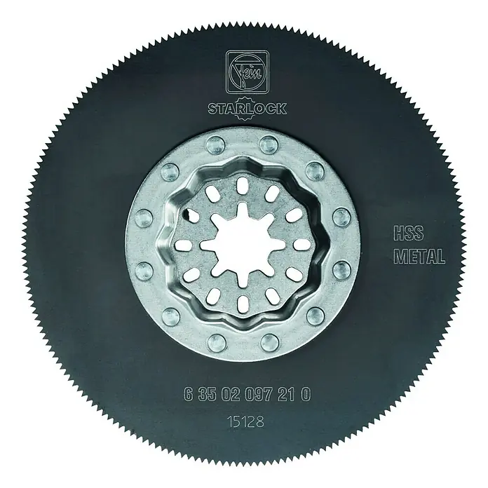 Fein Starlock Hoja de sierra HSS - Diámetro: 85 mm, 5 ud. - La imagen muestra una hoja de sierra de metal HSS STARLOCK, adecuada para su uso en varias herramientas eléctricas oscilantes para corte de metal.