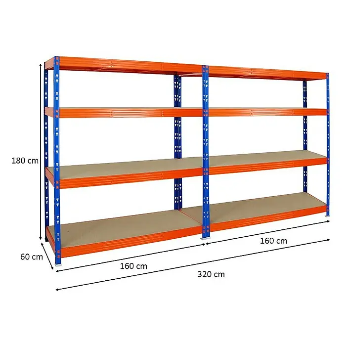 Proregal Schwerlastregal Mega Deal Profi RHINO - Traglast pro Boden: 500 kg, Anzahl Böden: 4 Stk., Stecken, Blau-Orange - Regal mit vier Ebenen, orangefarbenen Rahmen und blauem Gestell mit den Maßen 180 cm Höhe, 60 cm Tiefe und 320 cm Breite.