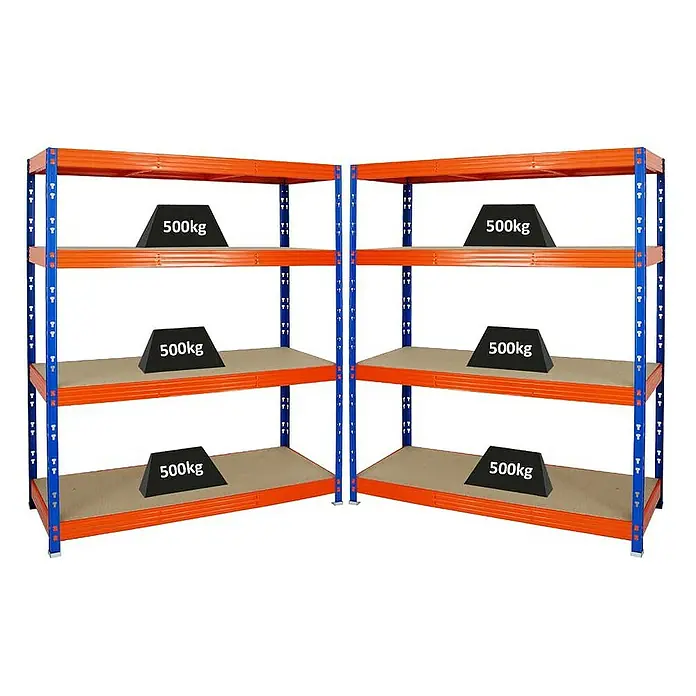 Proregal Schwerlastregal Mega Deal Profi RHINO - Traglast pro Boden: 500 kg, Anzahl Böden: 4 Stk., Stecken, Blau-Orange - Aufnahme von zwei robusten Lagerregalen in Orange und Blau, jedes Regal belastet mit 500 kg, ideal für schwere Lasten und Lagerhaltung.