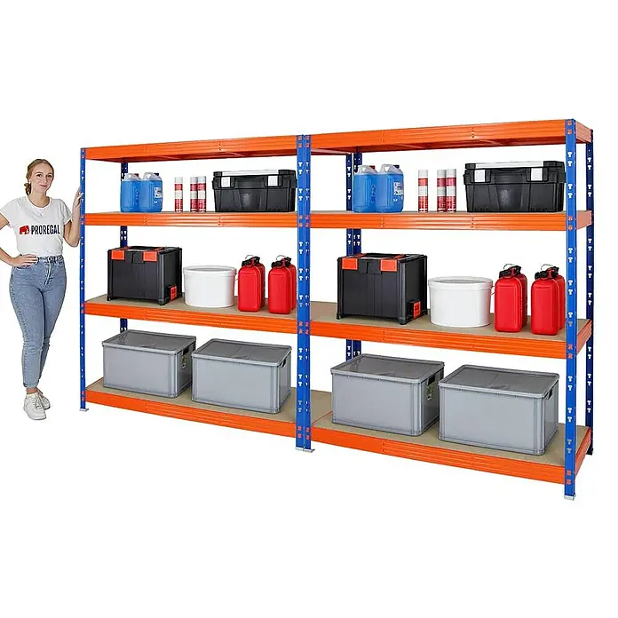 Proregal Schwerlastregal Mega Deal Profi RHINO - H x B x T: 180 x 160 x 60 cm, Traglast pro Boden: 500 kg, Anzahl Böden: 4 Stk., Stecken, Blau-Orange - Großes, robustes Lagerregal mit blau-orangenem Rahmen und gefüllten Regalböden, ideal für Garage, Werkstatt oder Lager.