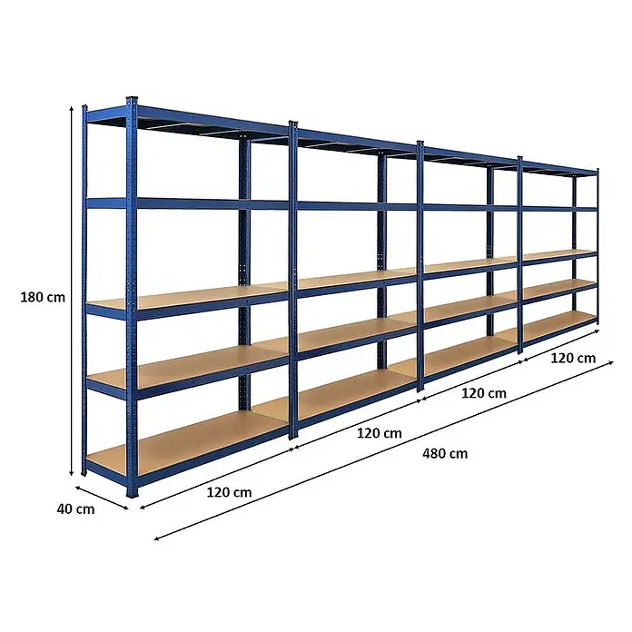Proregal Schwerlastregal Mega Deal Ragnar - H x B x T: 180 x 120 x 40 cm, Traglast pro Boden: 175 kg, Anzahl Böden: 5 Stk., Stecken, Blau - Regal mit vier Regalböden aus blauem Metall und hellem Holz, ideal für Lagerung.