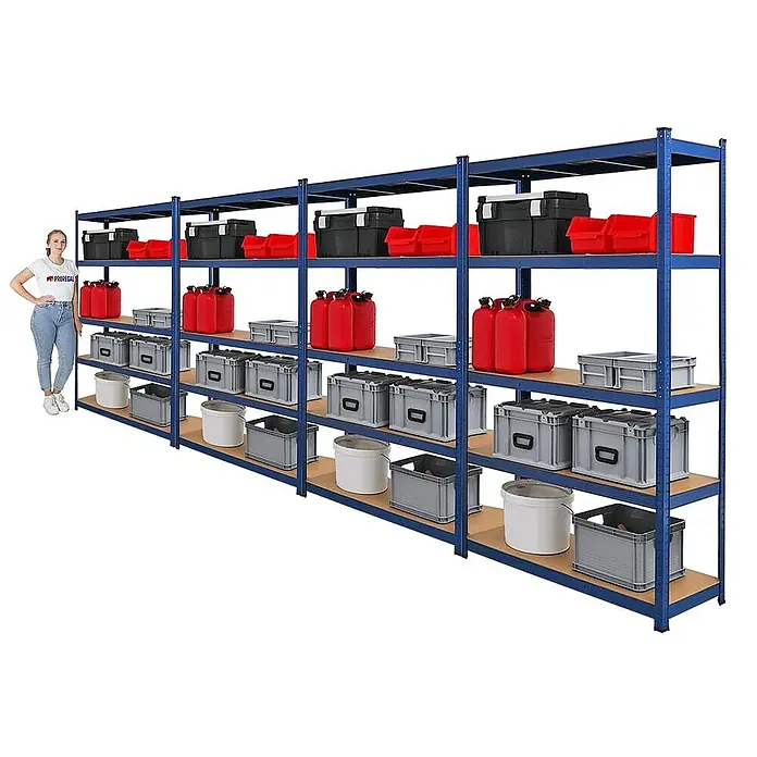 Proregal Schwerlastregal Mega Deal Ragnar - H x B x T: 180 x 120 x 40 cm, Traglast pro Boden: 175 kg, Anzahl Böden: 5 Stk., Stecken, Blau - Regaleinheit mit vier Ebenen, beladen mit verschiedenen Behältern in Rot, Grau, Schwarz und Weiß für Lagerzwecke.