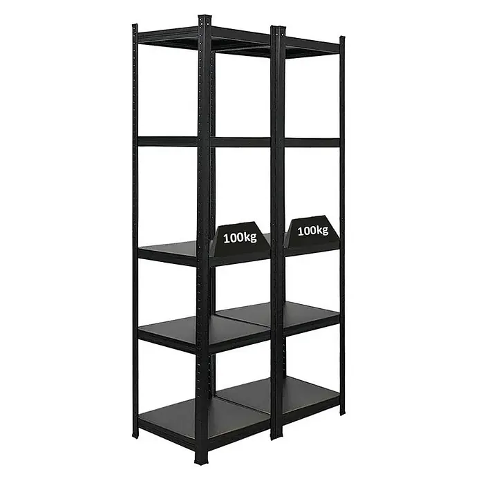 Proregal Metallregal Mega Deal All Black Series Ragnar - H x B x T: 180 x 45 x 45 cm, Traglast pro Boden: 100 kg, Anzahl Böden: 5 Stk., Stecken, Schwarz - Schwarzes Regal mit vier Ebenen, wobei auf einer Ebene ein Gewicht von 100kg dargestellt ist.