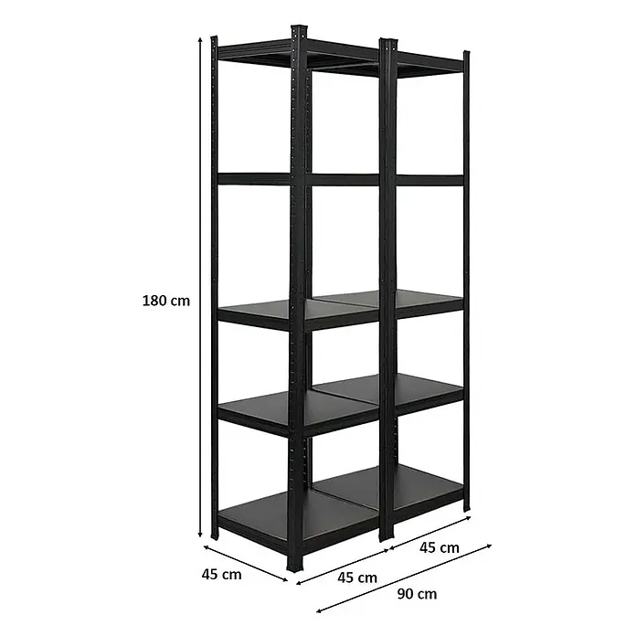 Proregal Metallregal Mega Deal All Black Series Ragnar - H x B x T: 180 x 45 x 45 cm, Traglast pro Boden: 100 kg, Anzahl Böden: 5 Stk., Stecken, Schwarz - Abbildung eines schwarzen Metallregals mit fünf Ebenen und den Maßen 180 cm Höhe, 90 cm Breite und 45 cm Tiefe.