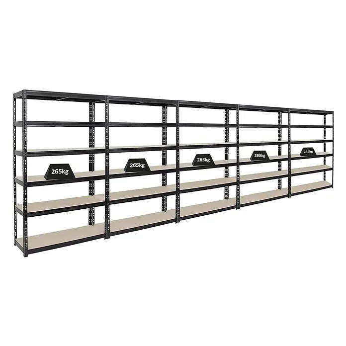 Proregal Schwerlastregal Mega Deal Giant Tiger - H x B x T: 200 x 120 x 40 cm, Traglast pro Boden: 265 kg, Anzahl Böden: 6 Stk., Stecken, Schwarz - Abbildung eines langen Regalsystems mit mehreren Ebenen, die jeweils mit einem Gewicht von 265 kg belastet sind.