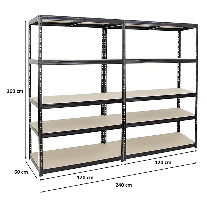 Proregal Schwerlastregal Mega Deal Giant Tiger - H x B x T: 200 x 120 x 60 cm, Traglast pro Boden: 265 kg, Anzahl Böden: 5 Stk., Stecken, Schwarz - Abbildung eines schwarzen Metallregals mit vier Regalböden und Maßangaben.