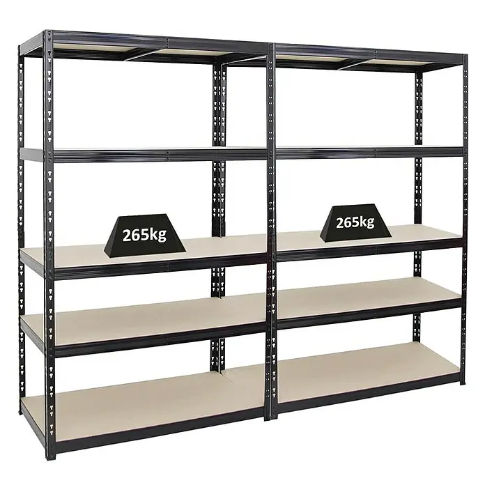 Proregal Schwerlastregal Mega Deal Giant Tiger - H x B x T: 200 x 120 x 60 cm, Traglast pro Boden: 265 kg, Anzahl Böden: 5 Stk., Stecken, Schwarz - Abbildung eines schwarzen Schwerlastregals mit Holzböden, das bis zu 265 kg pro Ebene tragen kann, ideal für Lager und Werkstatt.