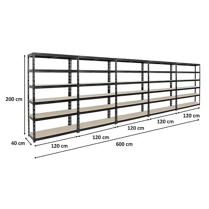 Proregal Schwerlastregal Mega Deal Giant Tiger - H x B x T: 200 x 120 x 40 cm, Traglast pro Boden: 265 kg, Anzahl Böden: 6 Stk., Stecken, Schwarz - Abbildung eines Schwerlastregalsystems in Schwarz mit den Maßen 200 cm Höhe, 40 cm Tiefe und 600 cm Breite.