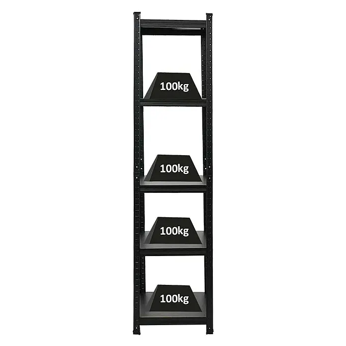 Proregal Metallregal All Black Series Ragnar - Traglast pro Boden: 100 kg, Anzahl Böden: 5 Stk., Stecken, Schwarz - Das Bild zeigt ein Schwerlastregal in Schwarz mit vier Ebenen, von denen jede mit einem Gewicht von 100 kg belastet ist.