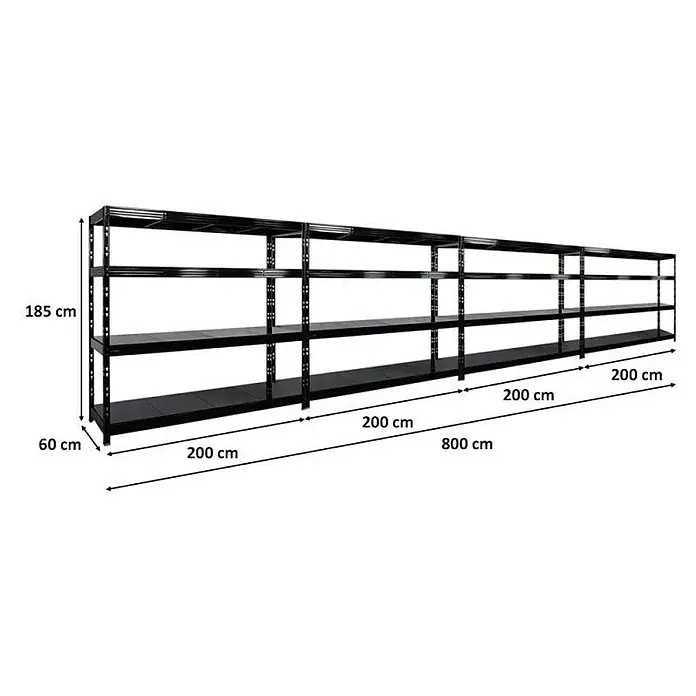 Proregal Schwerlastregal Mega Deal Profi RHINO - H x B x T: 180 x 200 x 60 cm, Traglast pro Boden: 500 kg, Anzahl Böden: 4 Stk., Stecken, Schwarz - Schwarzes Regal mit vier Ebenen für Lager und Werkstatt, Abmessungen: 185 cm hoch, 60 cm tief und 800 cm breit.