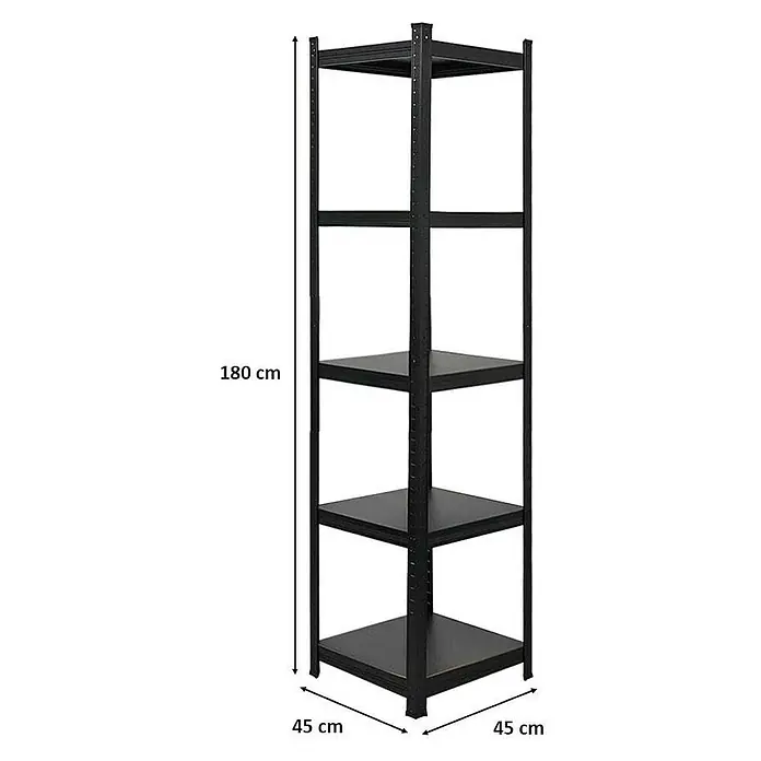 Proregal Metallregal All Black Series Ragnar - Traglast pro Boden: 100 kg, Anzahl Böden: 5 Stk., Stecken, Schwarz - Regal mit vier Ebenen und den Maßen 180 cm Höhe und 45 cm Breite/Tiefe. Stabil und platzsparend.