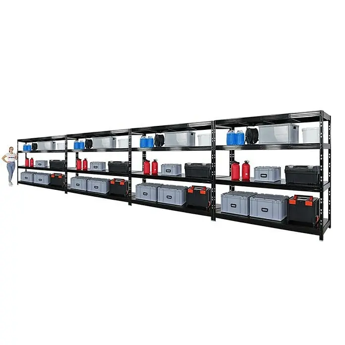 Proregal Schwerlastregal Mega Deal Profi RHINO - H x B x T: 180 x 200 x 60 cm, Traglast pro Boden: 500 kg, Anzahl Böden: 4 Stk., Stecken, Schwarz - Schwarze Regaleinheit mit mehreren Ebenen und verschiedenen Behältern, die eine robuste Lagerlösung bietet.
