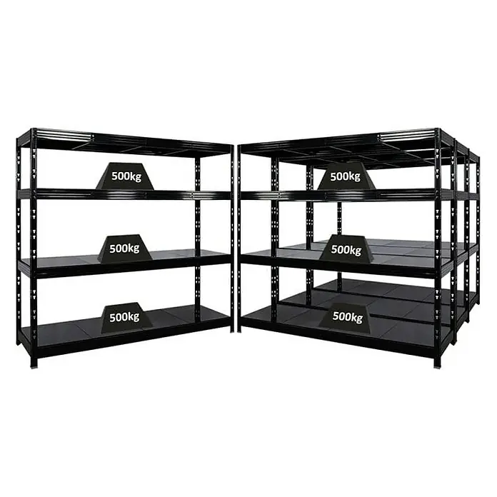 Proregal Schwerlastregal Mega Deal Profi RHINO - H x B x T: 180 x 200 x 60 cm, Traglast pro Boden: 500 kg, Anzahl Böden: 4 Stk., Stecken, Schwarz - Schwarze Schwerlastregale mit Gewichten auf den Regalböden. Die Regale sind stabil und für schwere Lasten ausgelegt.