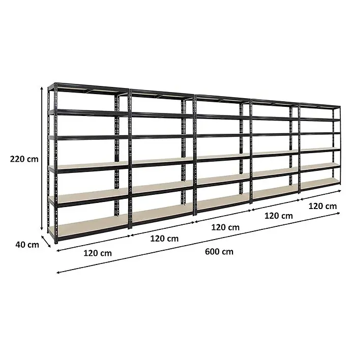 Proregal Schwerlastregal Mega Deal Giant Tiger XL - Traglast pro Boden: 265 kg, Anzahl Böden: 6 Stk., Stecken, Schwarz - Aufnahme eines schwarzen Metallregals mit fünf Ebenen, ideal zur Lagerung. Die Abmessungen sind 220 cm hoch, 40 cm tief und 600 cm breit.