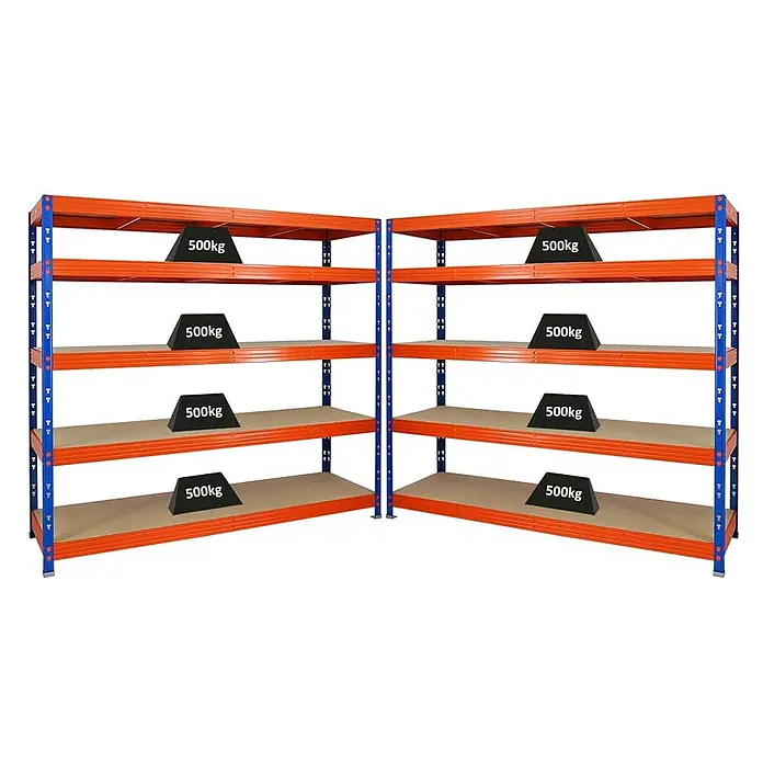 Proregal Schwerlastregal Mega Deal Profi RHINO - Traglast pro Boden: 500 kg, Anzahl Böden: 5 Stk., Stecken, Blau - Abbildung von zwei orangefarbenen Regalen mit blauen Stützen, die jeweils mit 500kg schweren Gewichten beladen sind und eine hohe Tragfähigkeit bieten.