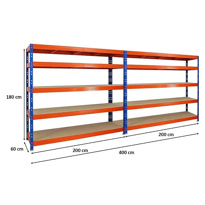 Proregal Schwerlastregal Mega Deal Profi RHINO - Traglast pro Boden: 500 kg, Anzahl Böden: 5 Stk., Stecken, Blau - Ein großes, mehrstöckiges Lagerregal aus Metall in Orange und Blau mit den Maßen 180 cm Höhe, 60 cm Tiefe und 400 cm Breite.