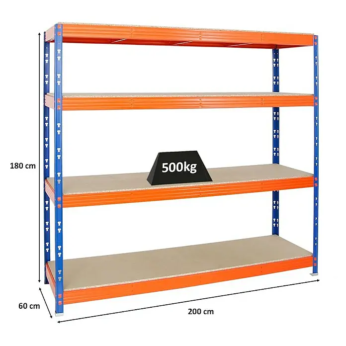 Proregal Schwerlastregal Profi RHINO - H x B x T: 180 x 200 x 60 cm, Traglast pro Boden: 500 kg, Anzahl Böden: 4 Stk., Stecken, Blau - Regal mit vier Ebenen, orangefarbenen Metallrahmen und einer maximalen Traglast von 500 kg, ideal für Lagerung.