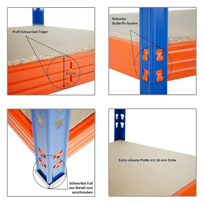 Proregal Schwerlastregal Profi RHINO - H x B x T: 180 x 200 x 60 cm, Traglast pro Boden: 500 kg, Anzahl Böden: 4 Stk., Stecken, Blau - Details eines Schwerlastregals, das die robuste Konstruktion, das Butterfly-System und die verstärkte Platte hervorheben.