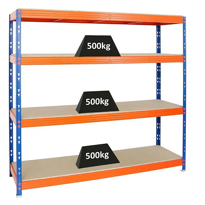 Proregal Schwerlastregal Profi RHINO - H x B x T: 180 x 200 x 60 cm, Traglast pro Boden: 500 kg, Anzahl Böden: 4 Stk., Stecken, Blau - Schwerlastregal mit drei Ebenen, jede mit 500kg belastet, ideal für Lagerung und Organisation.
