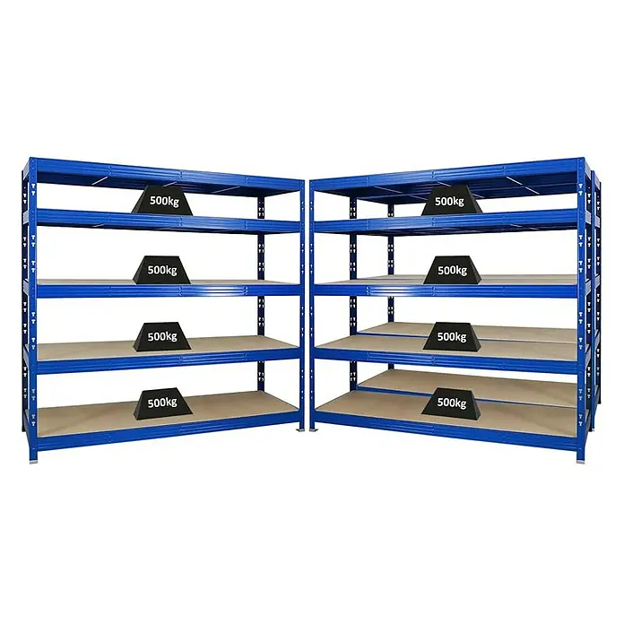 Proregal Schwerlastregal Mega Deal Profi RHINO - Traglast pro Boden: 500 kg, Anzahl Böden: 5 Stk., Stecken, Blau - Regale mit stabilen Holzböden und blauen Metallrahmen, belastet mit Gewichten von 500 kg, ideal für Lagerung und Ordnung.