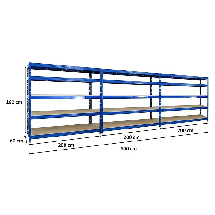 Proregal Schwerlastregal Mega Deal Profi RHINO - Traglast pro Boden: 500 kg, Anzahl Böden: 5 Stk., Stecken, Blau - Regal mit Abmessungen. Die Höhe des Regals beträgt 180 cm, die Tiefe 60 cm und die Länge 600 cm. Jedes Regal hat eine Länge von 200 cm.