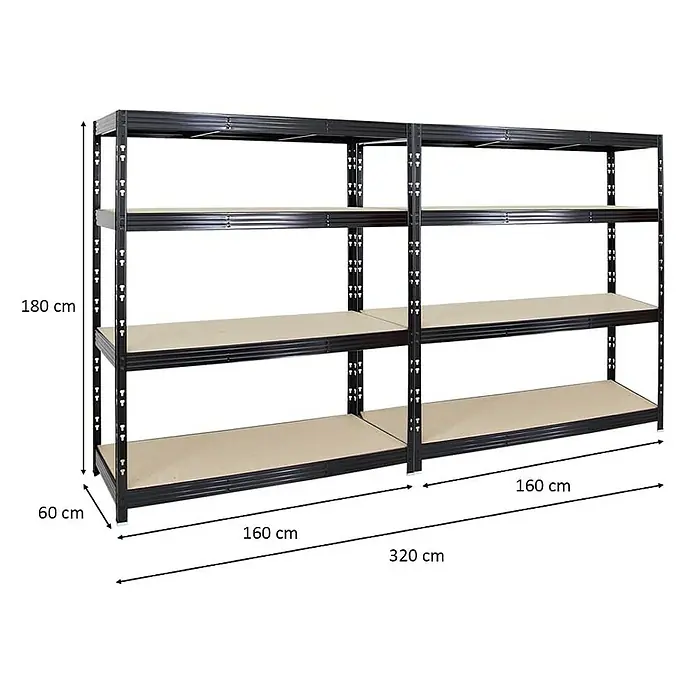 Proregal Schwerlastregal Mega Deal Profi RHINO - Traglast pro Boden: 500 kg, Anzahl Böden: 4 Stk., Stecken, Schwarz - Ein Regal mit vier Ebenen und den Maßen 180 cm Höhe, 60 cm Tiefe und 320 cm Breite. Die Regalböden sind hellbraun.